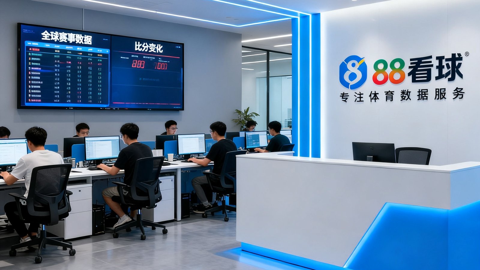 88看球公司办公环境实拍，开放式办公区域数十名员工在电脑前专注工作，墙面大屏幕实时显示全球赛事数据和比分变化，前台背景墙展示公司logo和品牌标语，整体装修风格现代简约充满活力与科技感