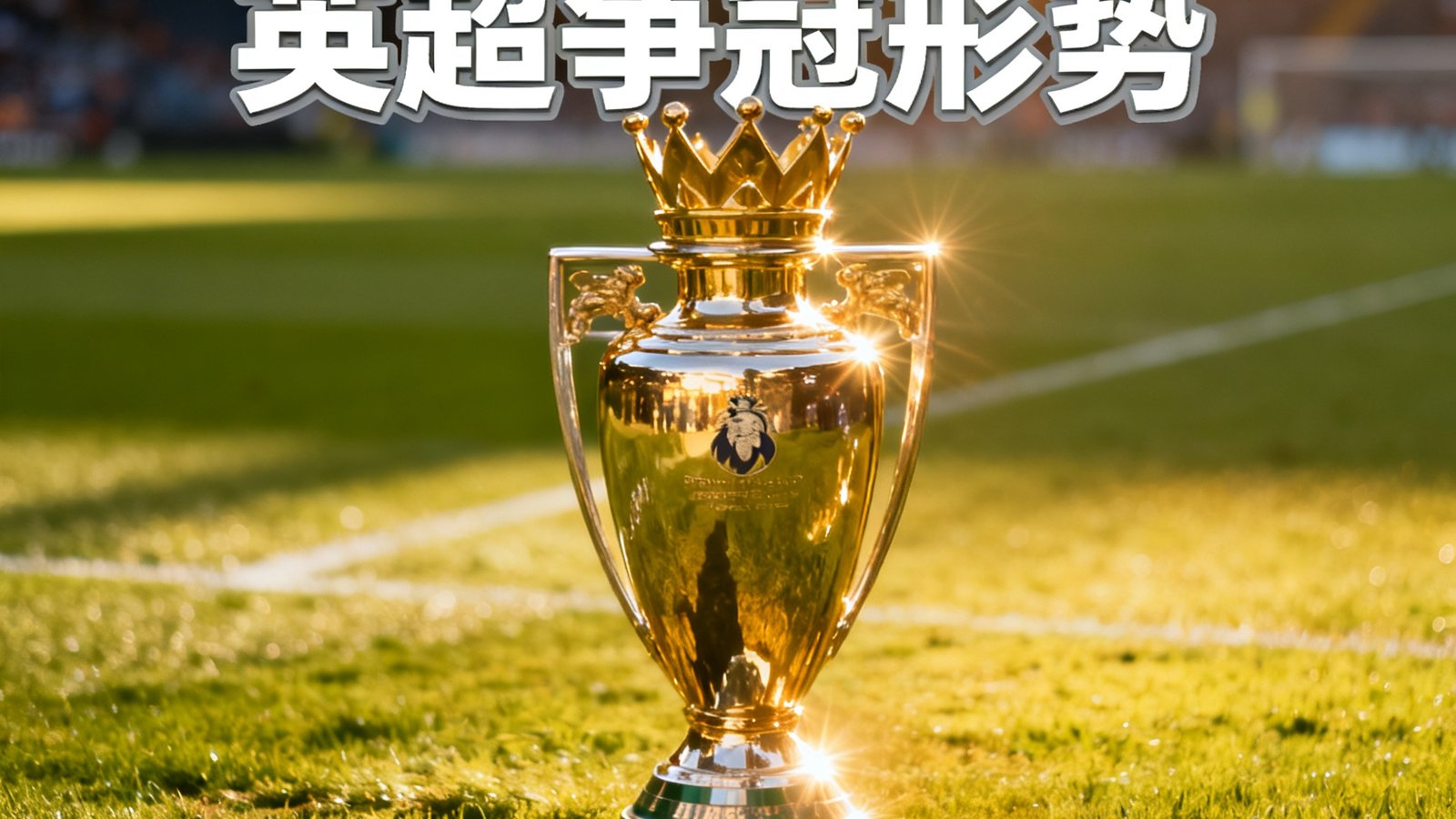 博客文章缩略图，标题为深度解析2024赛季英超争冠形势，配图为英超奖杯特写置于草地中央，金色阳光照射奖杯表面反射耀眼光芒，背景虚化为绿色球场